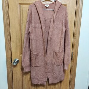 Bibi Cardigan Open Front Long Hooded‎ Sweater with Pockets Women's Small Pink